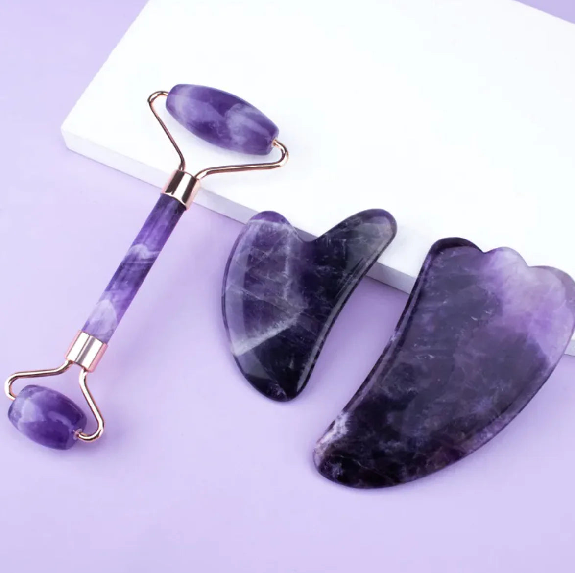 Quiet Stone Ritual — Amethyst Roller + Gua Sha Set
