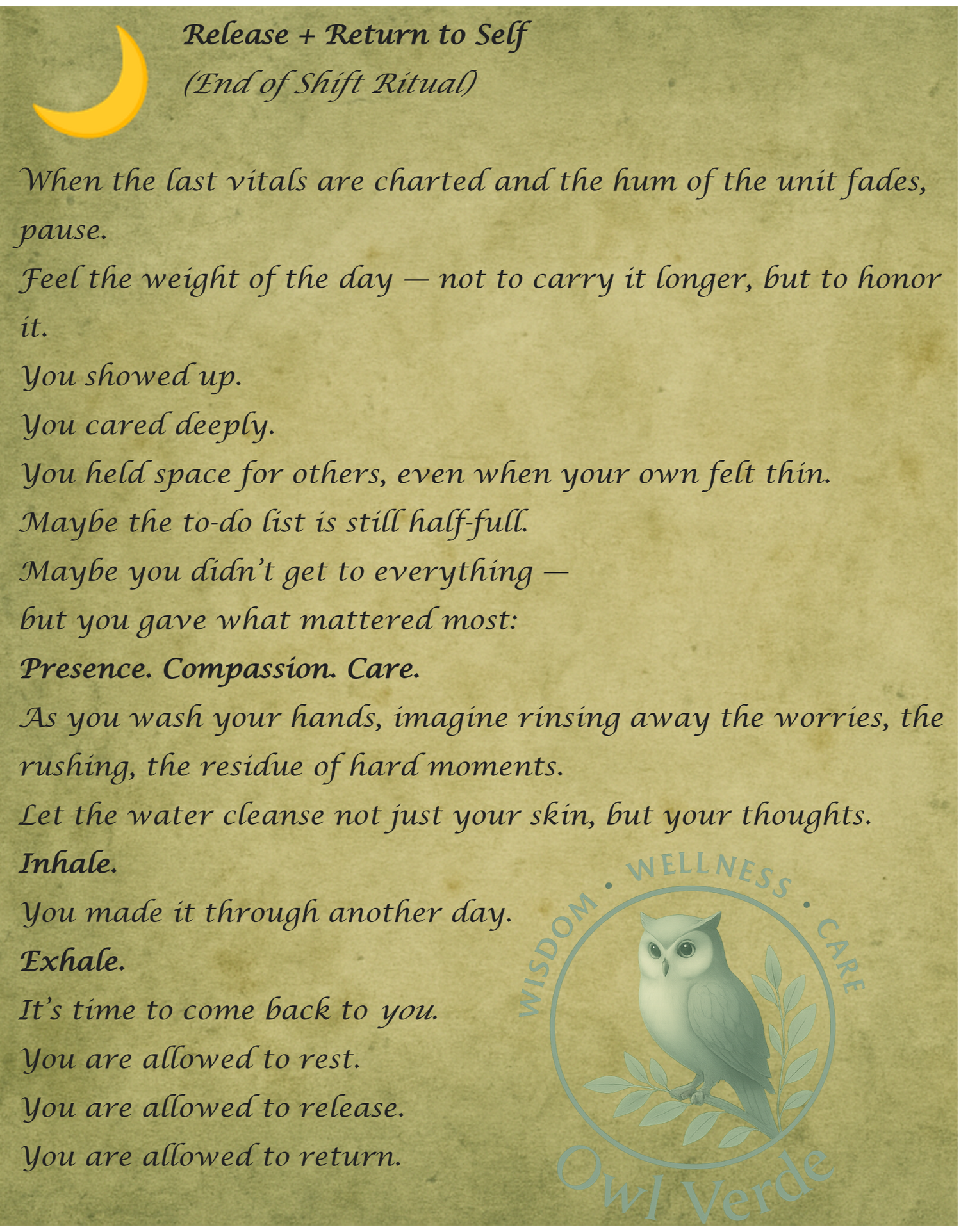 Textual poem on a textured background with an owl illustration, featuring a yellow moon icon.